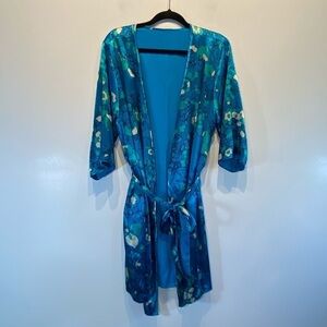 Women's Satin Floral Reversible Robe Kimono Blue One Size Pockets 3/4 Sleeves